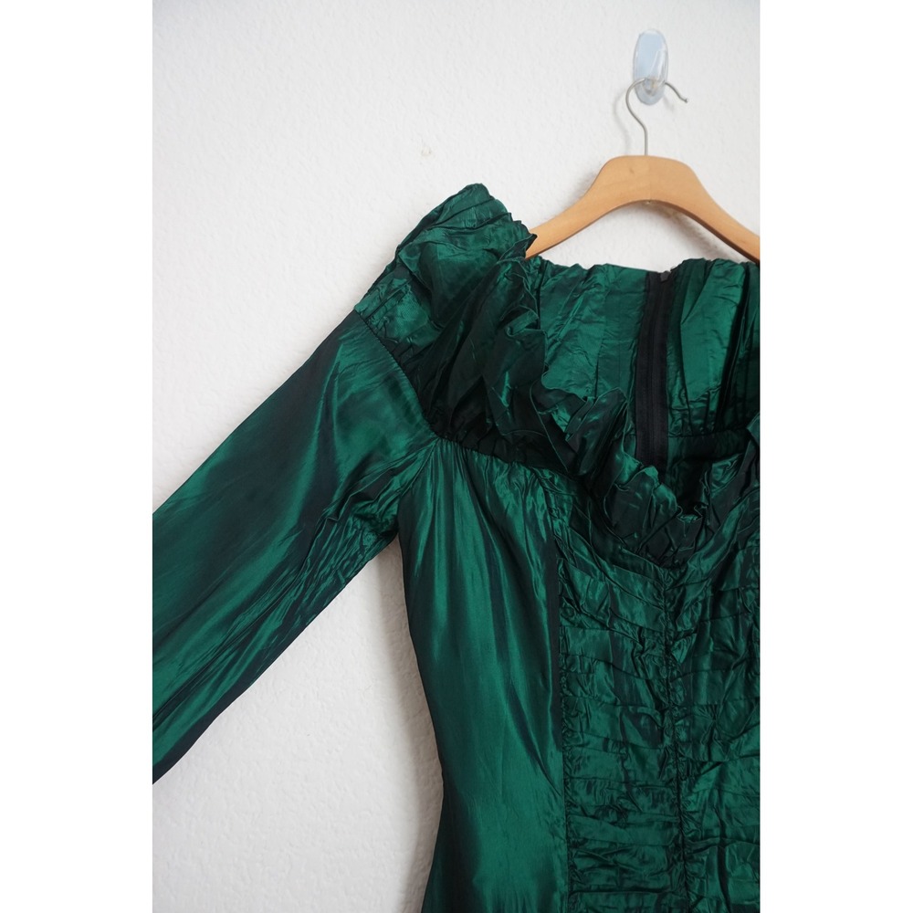 Gunne Sax 80's Emerald Green Ruched Evening Gown Goth Mermaid Formal Dress - Picture 5 of 9